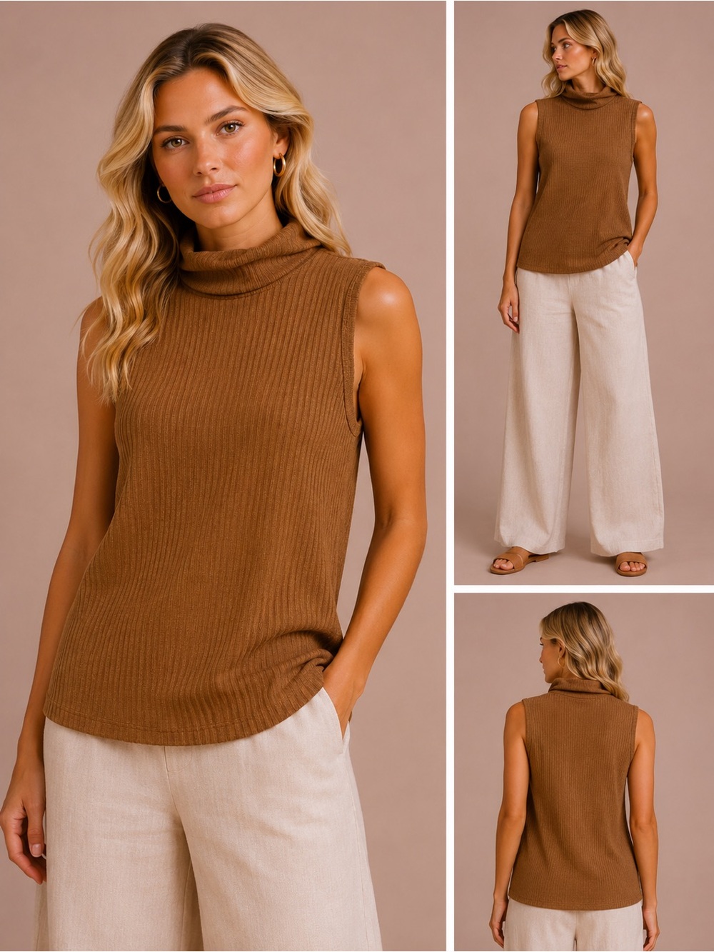 Rachel Zoe Sleeveless Ribbed Mock Neck Top in Camel